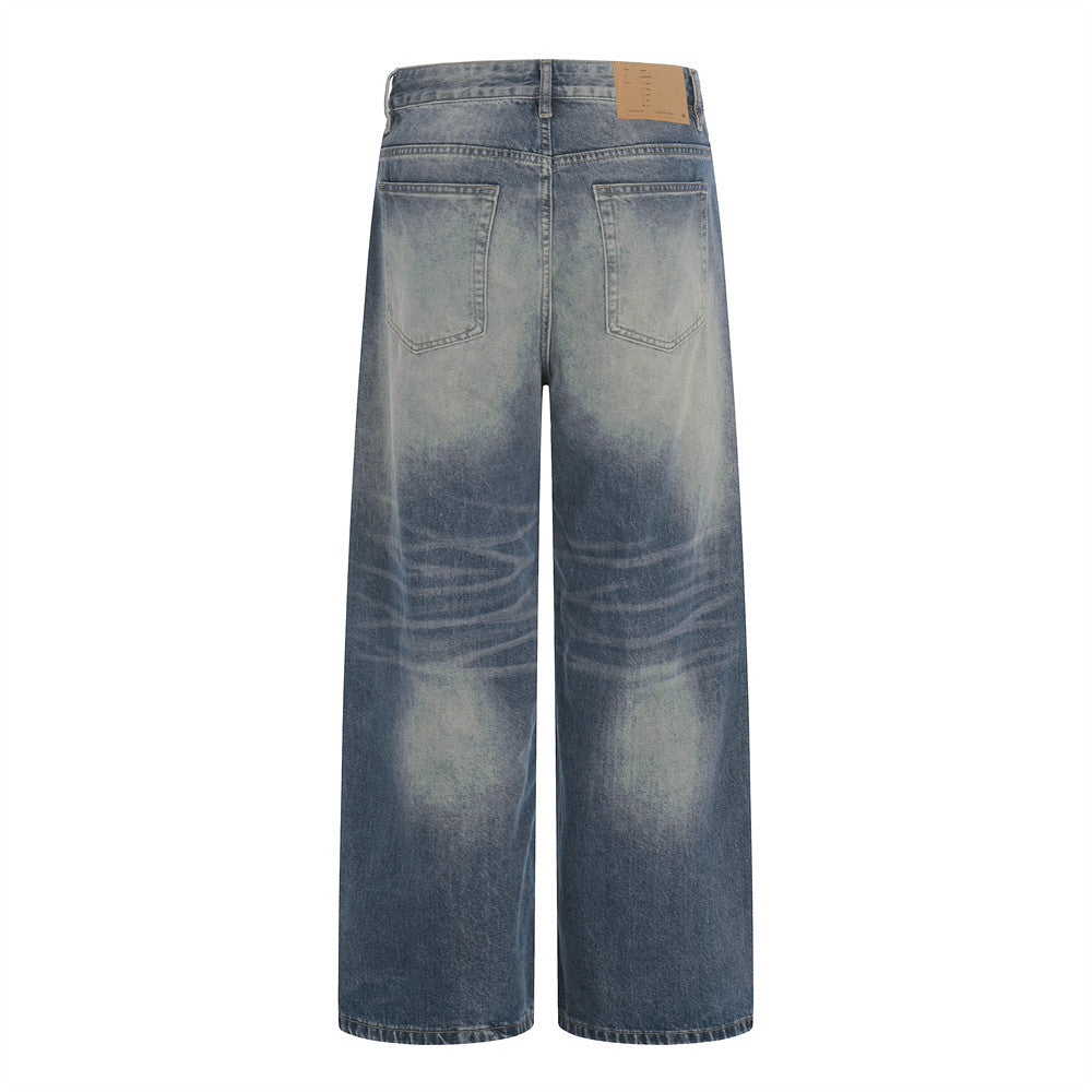 Color Blocked Polished and Washed Denim Jeans by eprolo; blue faded denim with back pockets