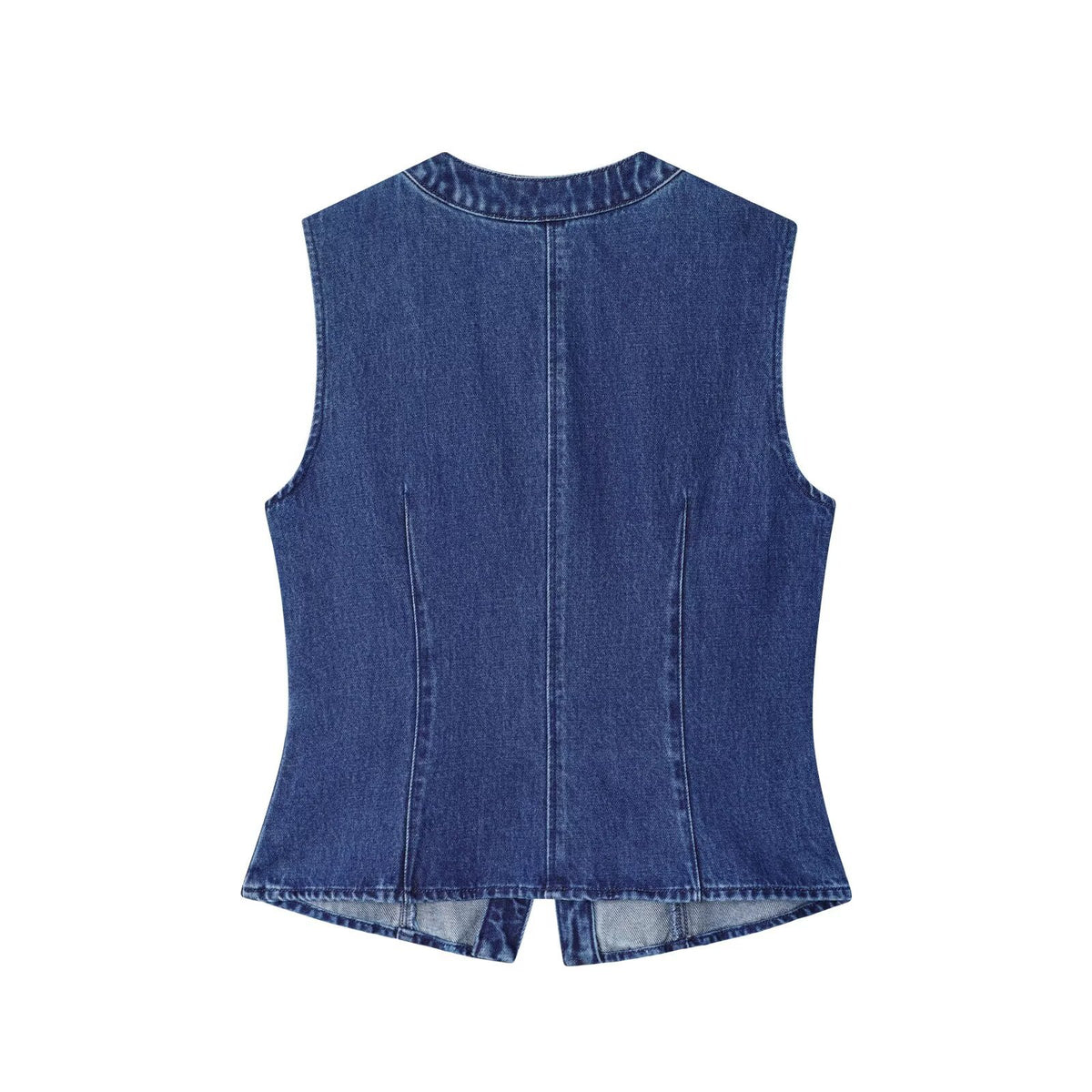 Nail drill denim vest, blue sleeveless back view, streetwear style