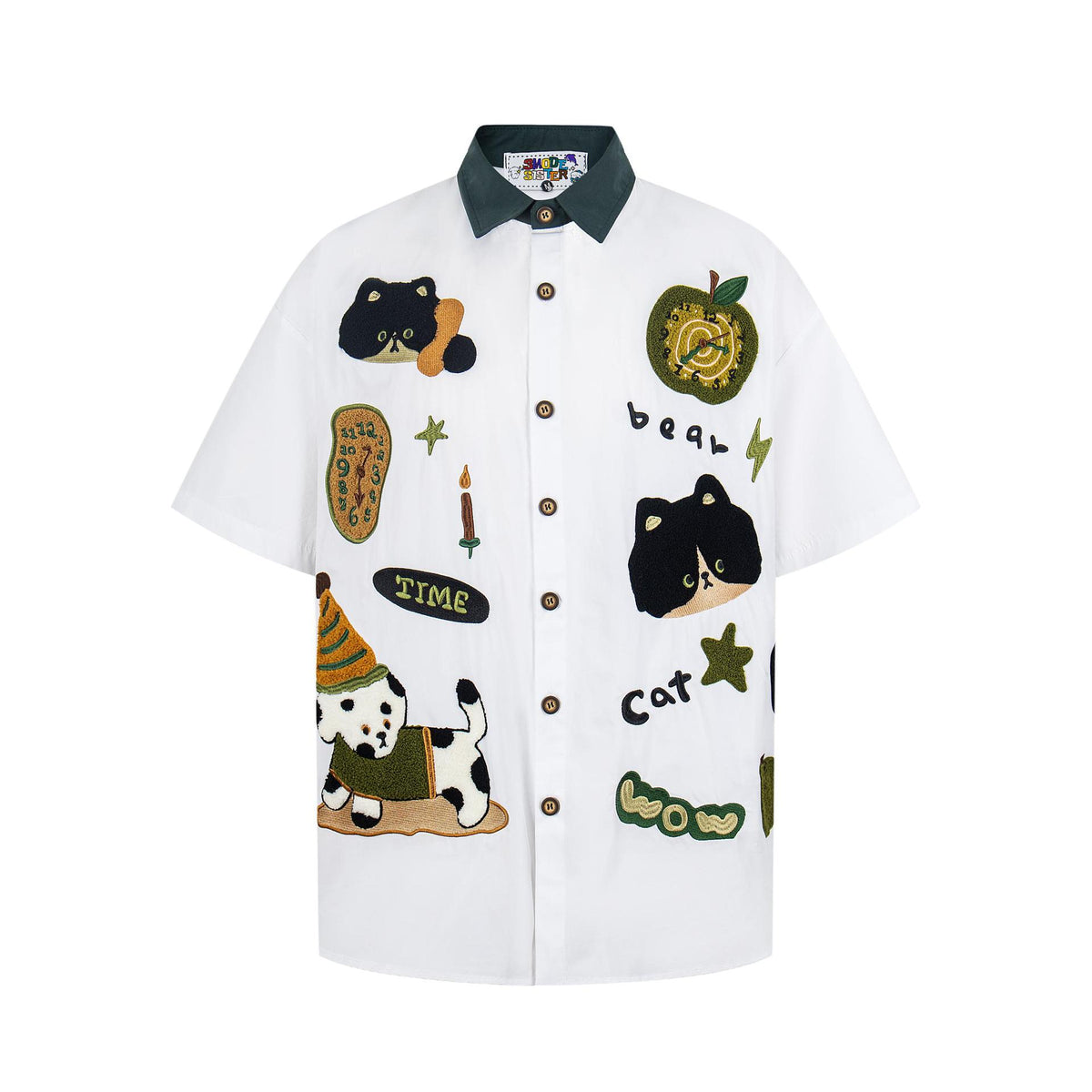 Spotted puppy cat embroidered short-sleeved pet shirt; white with dark green collar and colorful patches by eprolo