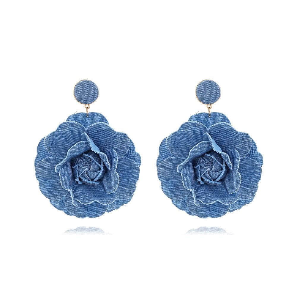 Blue denim flower earrings, pair with round stud tops