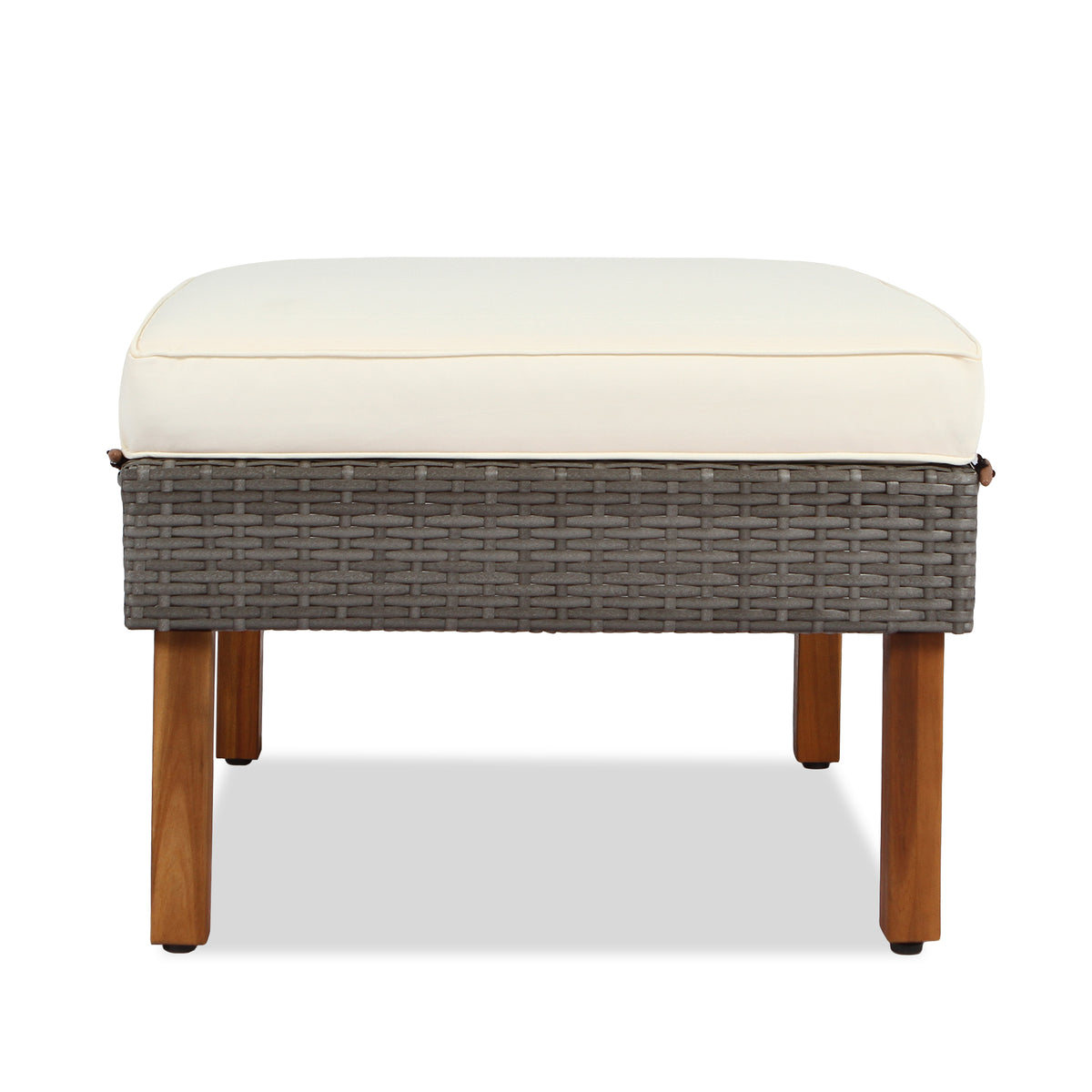 Patio sofa with washable beige cushion on dark wicker base and Acacia wood legs