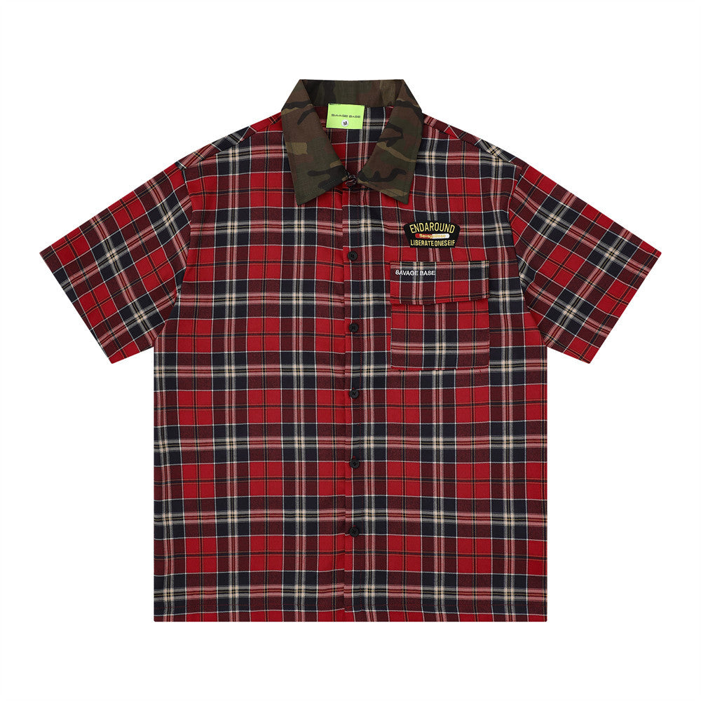 Loose plaid short sleeve shirt by eprolo with red plaid pattern and camo collar