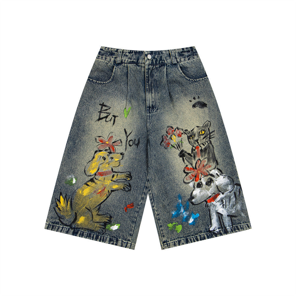 Dog graffiti cartoon denim shorts, blue denim, straight leg by eprolo