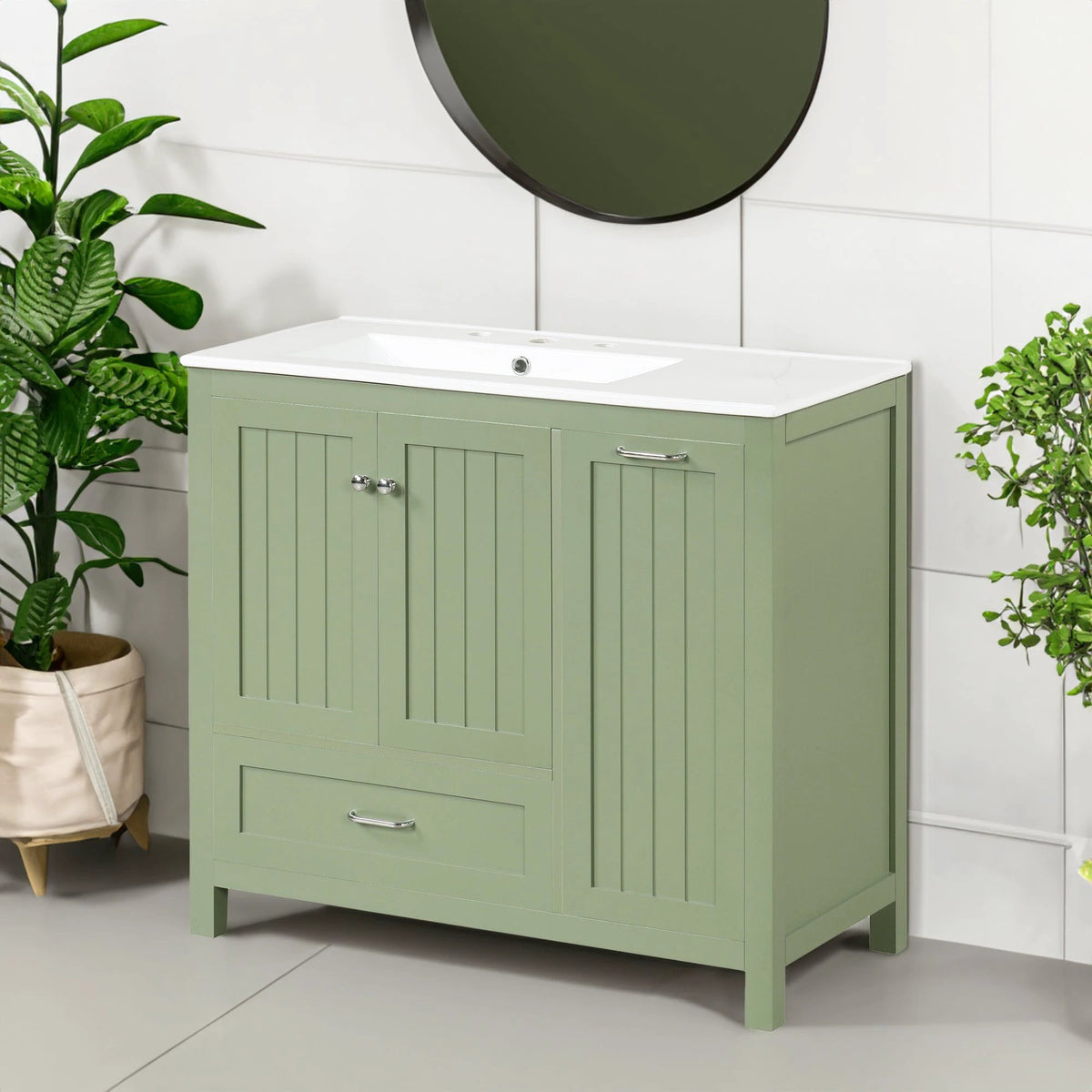 36 inch bathroom vanity with sink, one double door cabinet one large drawer and one flip drawer solid wood and MDF board, green by eprolo
