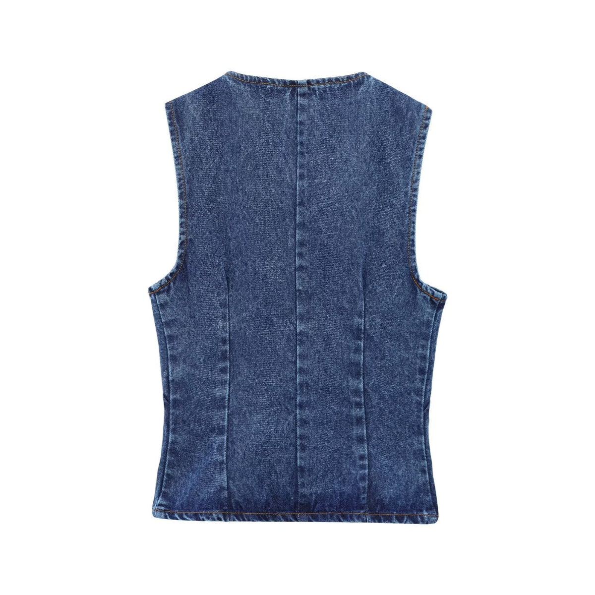 Women's blue denim vest, sleeveless back view with center seam