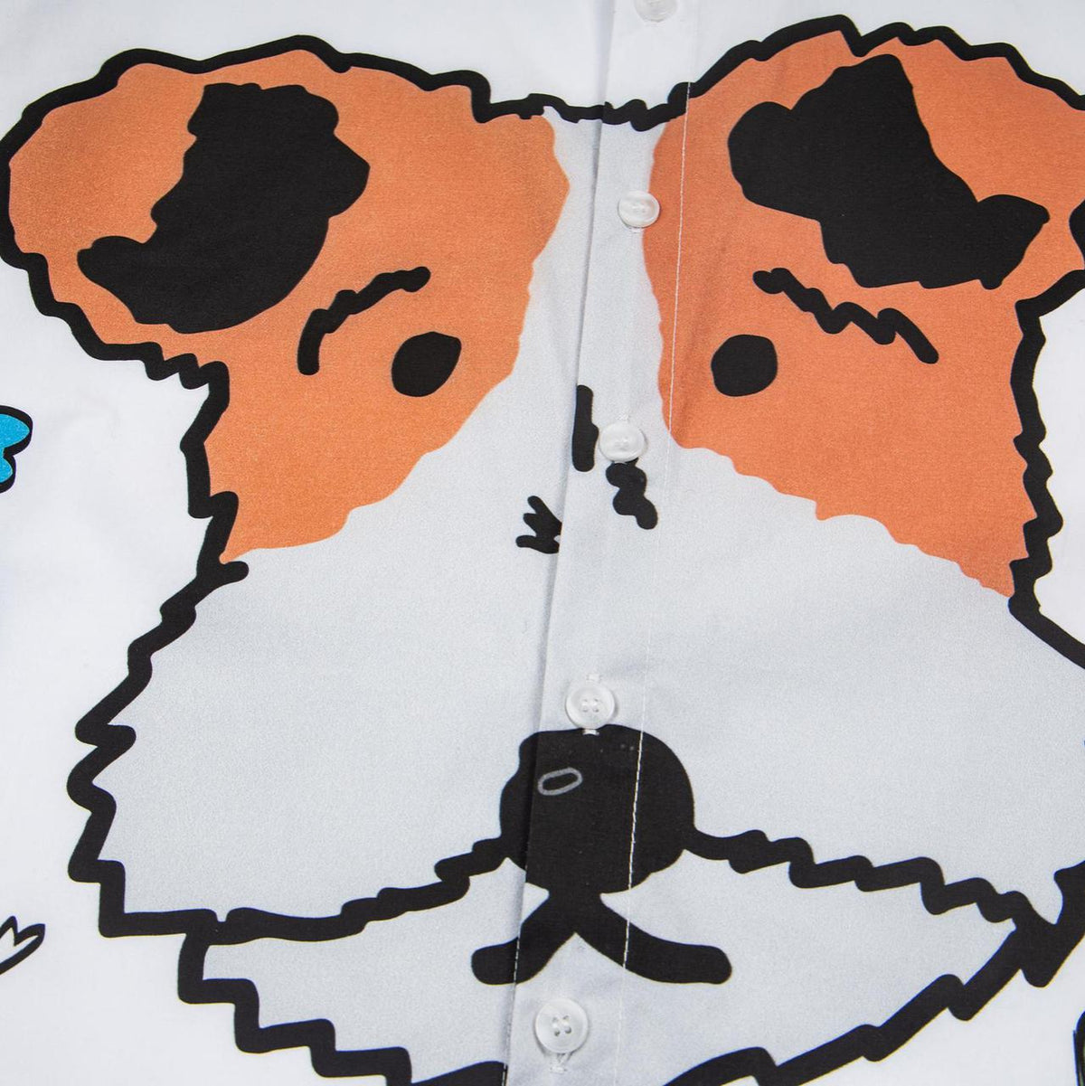 Cartoon puppy printed short-sleeve shirt by eprolo, white with orange dog faces, button-front.