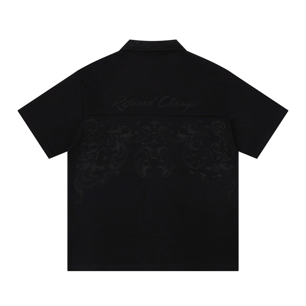 Collar short-sleeved T-shirt, black with subtle embossed floral back design by eprolo