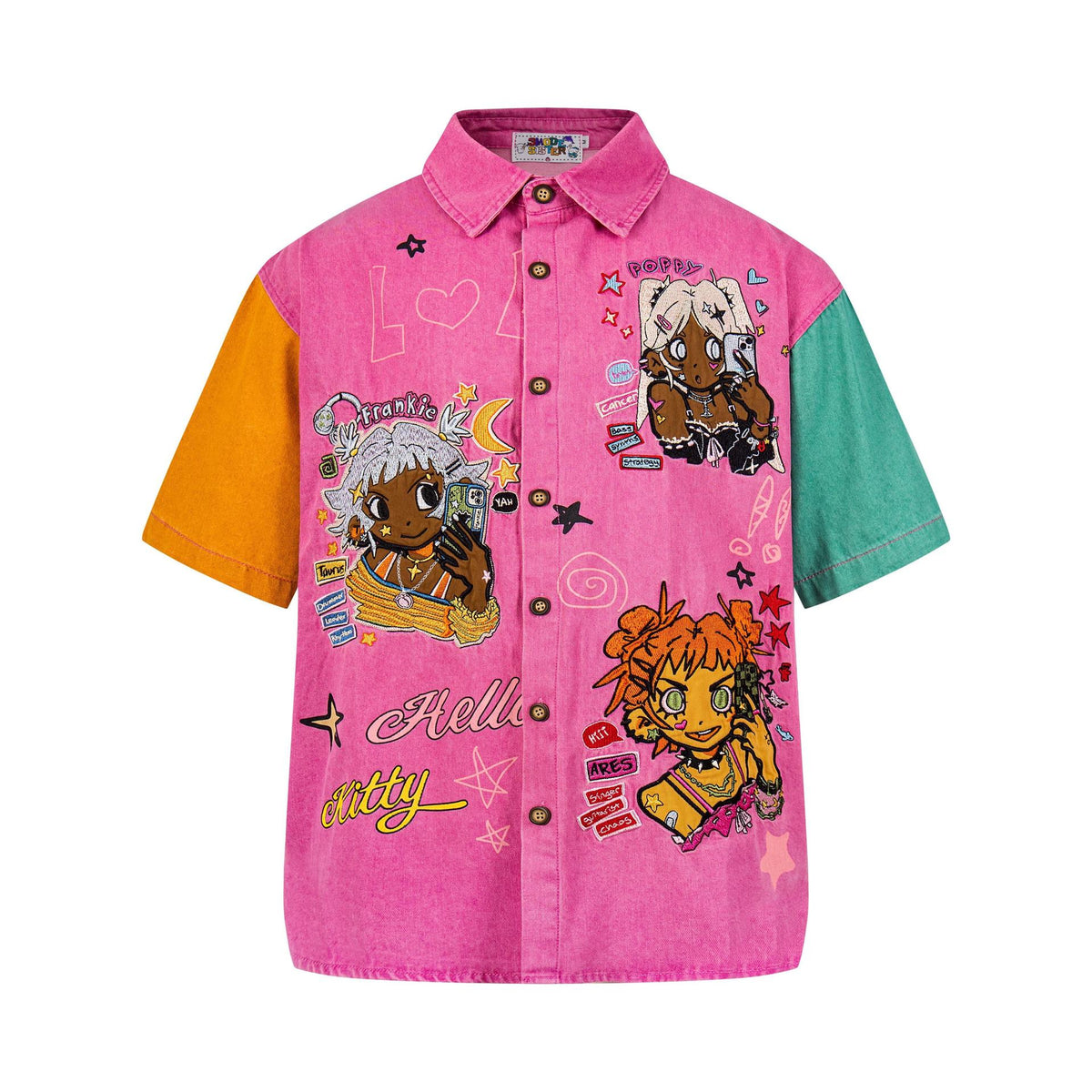 Embroidered patchwork short-sleeve shirt in bright pink with orange and teal sleeves and cartoon graphics