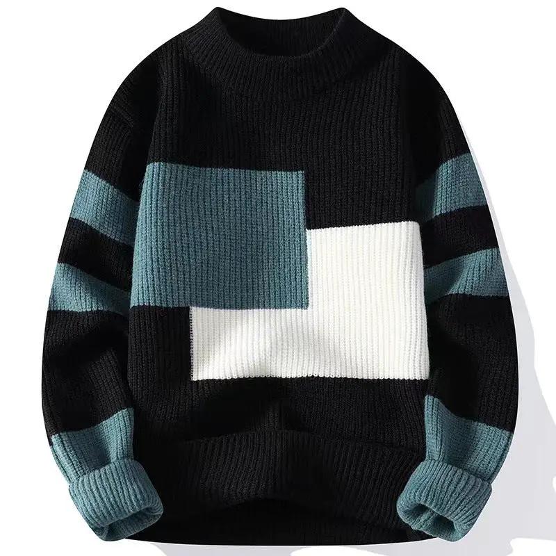 Classic mens relaxed-fit color-block long-sleeve knit sweater in black with teal and white blocks