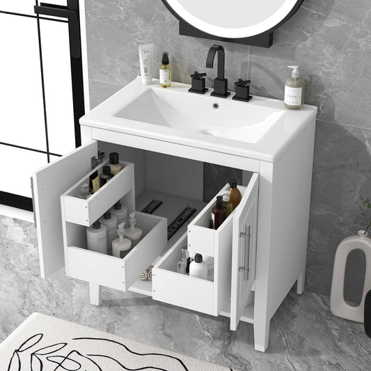 30" Bathroom Vanity with Sink Multi-functional Bathroom Cabinet with Doors and Drawers Solid Frame and MDF Board, White by eprolo