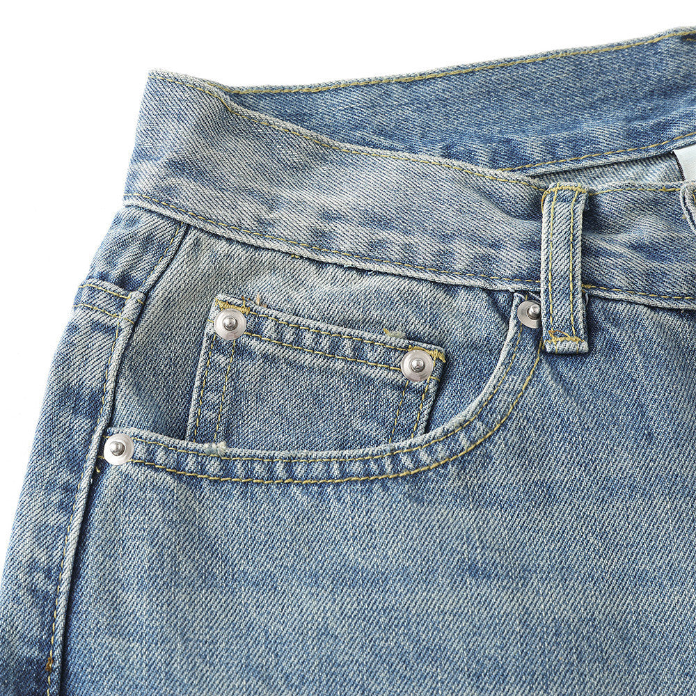 eprolo grinding whitewashed denim jeans, light blue Korean-style with riveted pockets