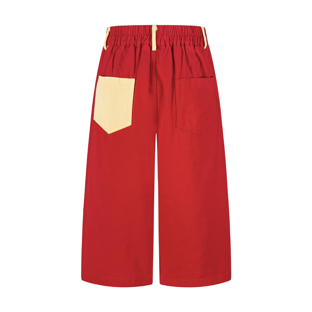 eprolo Cartoon plush seven-quarter jeans shorts, red with a yellow patch pocket and elastic waistband