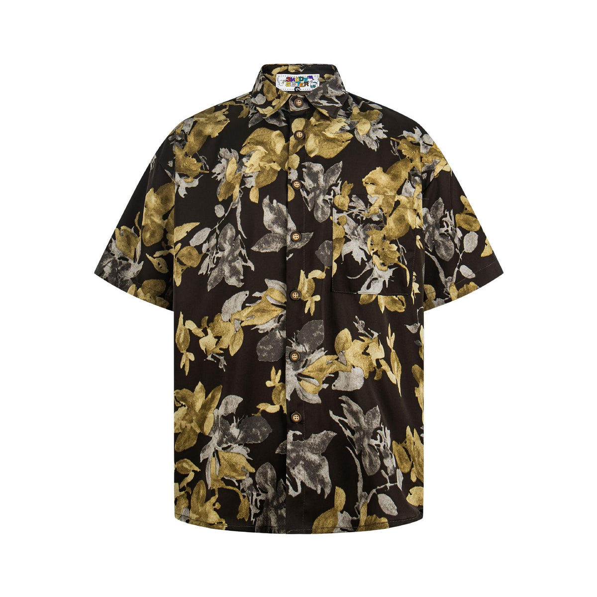 Floral printed short-sleeve shirt by eprolo in black with gold-gray leaves, button-front