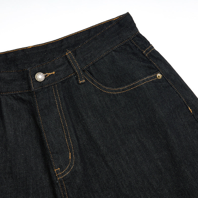 Original cowhide denim cropped pants by eprolo, dark indigo denim with orange stitching and front pocket detail.