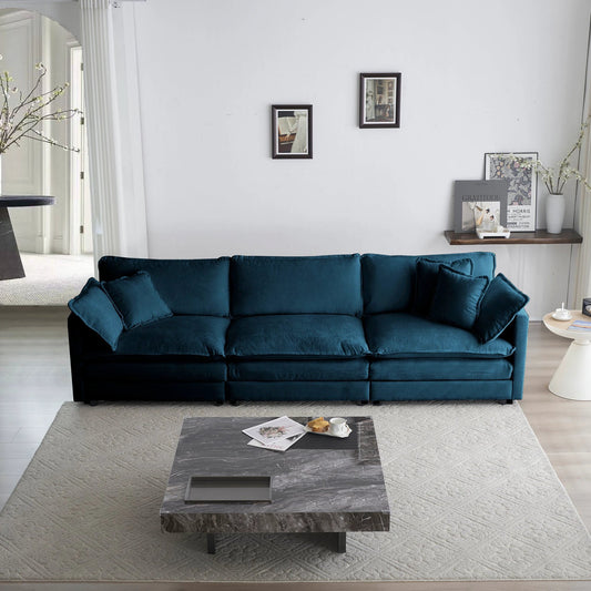 Mid-Century Modern Couch 3-Seater Sofa with 2 Armrest Pillows and 3 Toss Pillows, Couch for Living Room Blue Chenille by eprolo