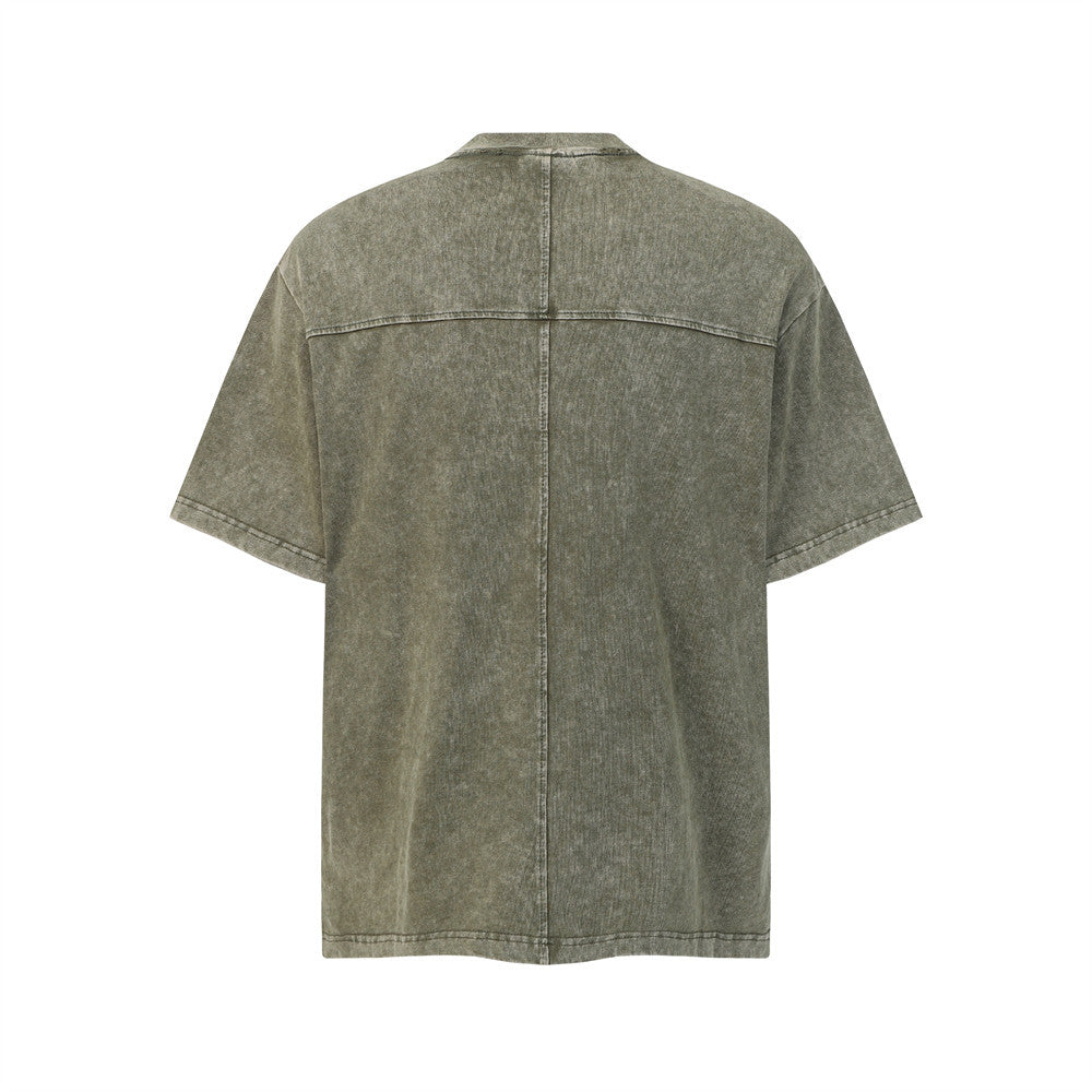 Short-sleeve T-shirt in olive-green washed finish, back view with yoke seam.