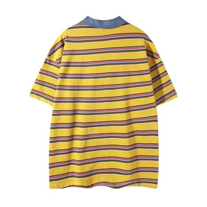 Cowboy patchwork polo-collar striped short-sleeve shirt in yellow with red, white and blue stripes; eprolo