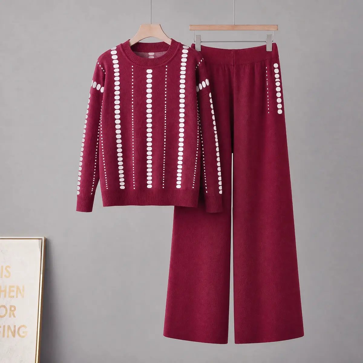 Womens casual sweater and wide-leg pants two-piece set by eprolo in burgundy with white dotted stripes