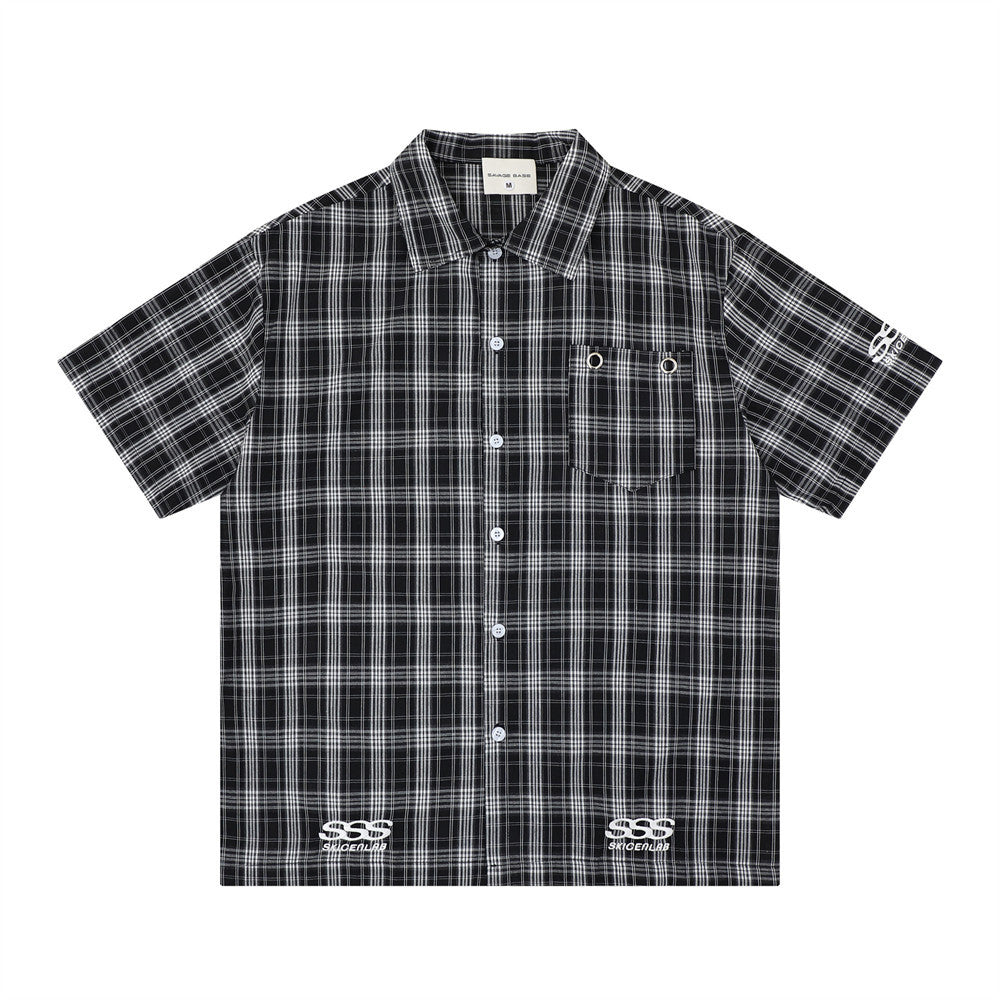 Plaid short-sleeve shirt by eprolo, black and white check with chest pocket
