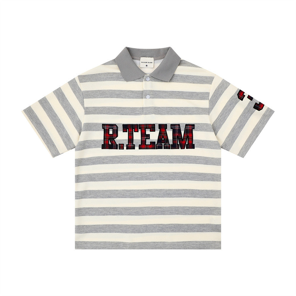 eprolo polo shirt with gray and cream stripes, gray collar, short sleeves, and R.TEAM graphic across chest