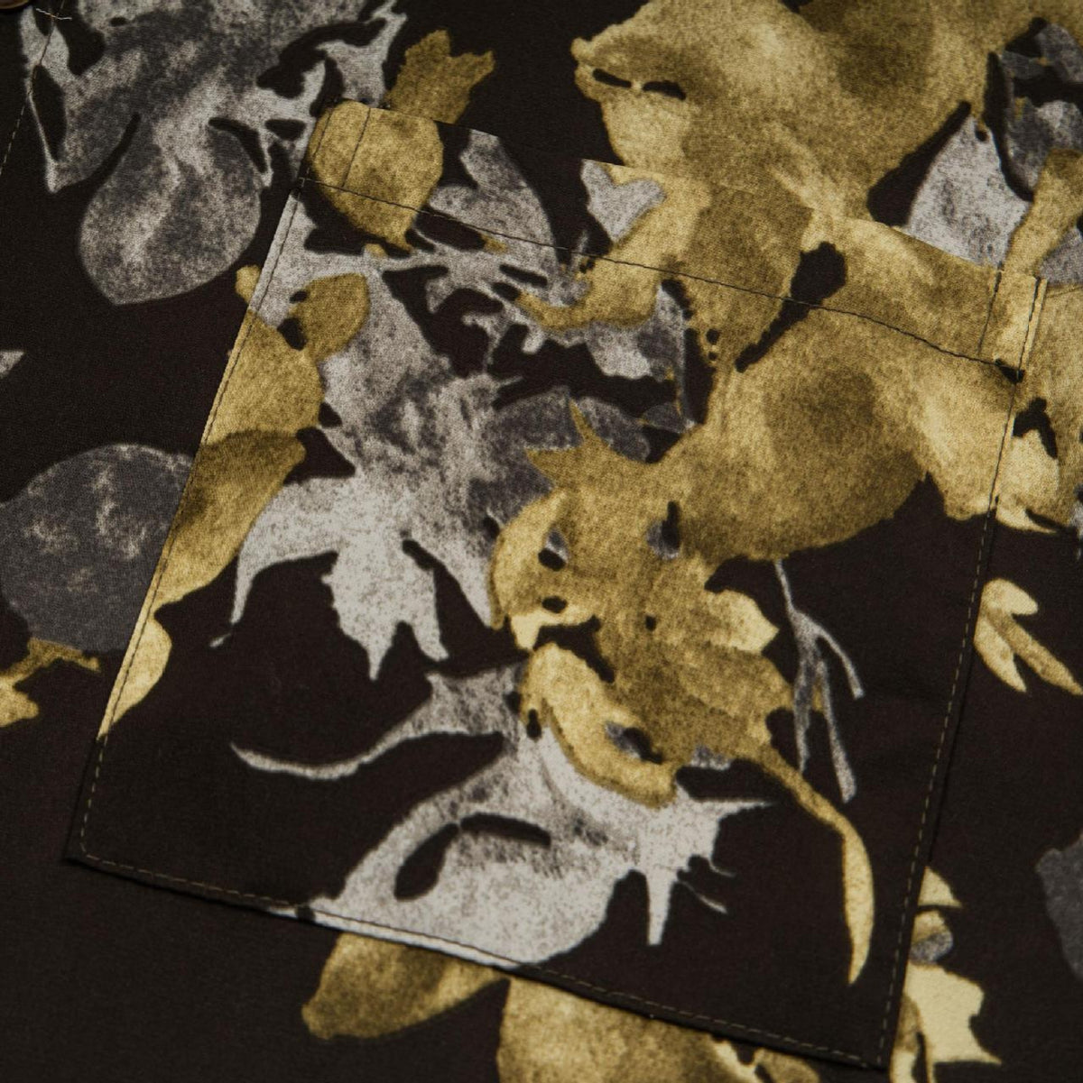 Floral printed short-sleeve shirt, dark brown with gold-tan leaf pattern, by eprolo