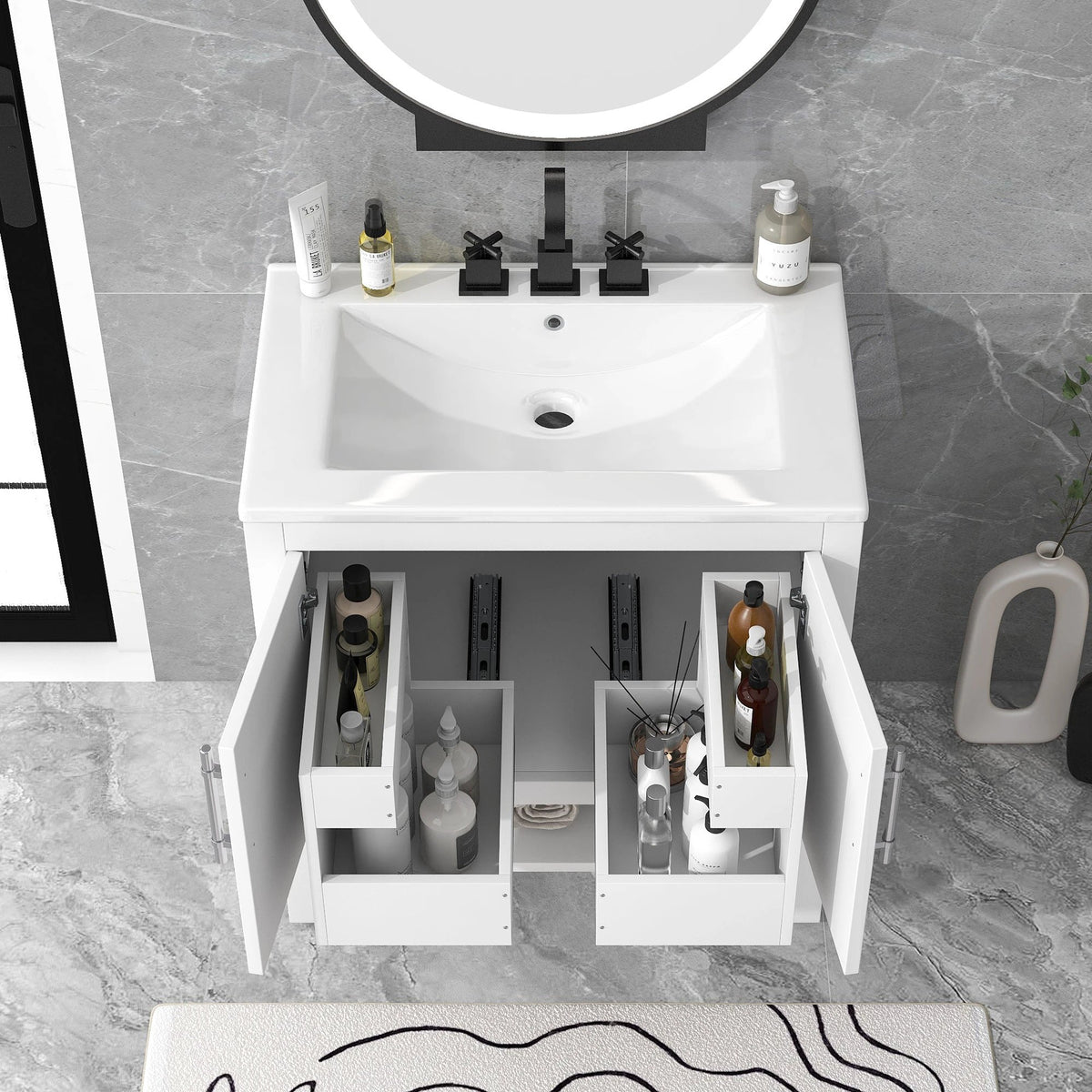30" Bathroom Vanity with Sink Multi-functional Bathroom Cabinet with Doors and Drawers Solid Frame and MDF Board, White by eprolo