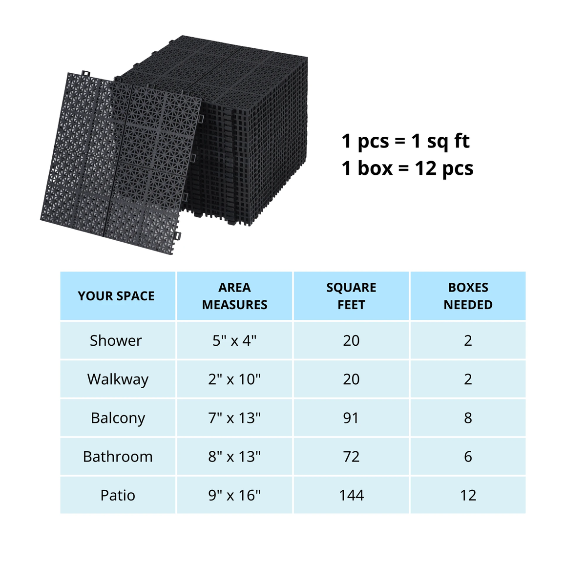 12 x 12 inch black interlocking deck tiles, plastic waterproof, weighing up to 6613 pounds, with a rose pattern pack of 12 by eprolo