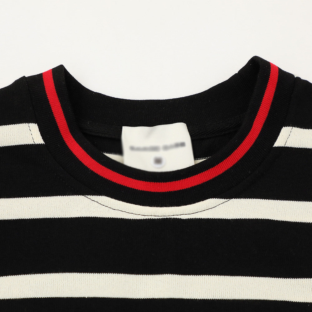Striped round-neck short-sleeve T-shirt by eprolo, black with white stripes and red neckline trim