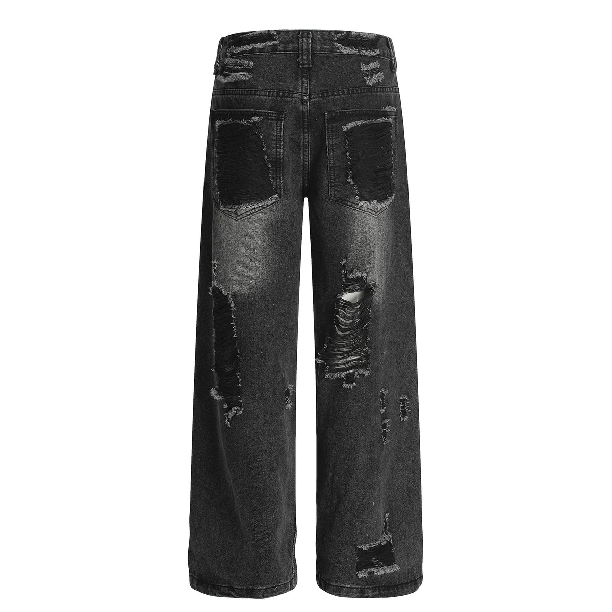 Distressed wide-leg jeans in heavy-wash black denim with large back patches, unisex oversized floor-length by eprolo