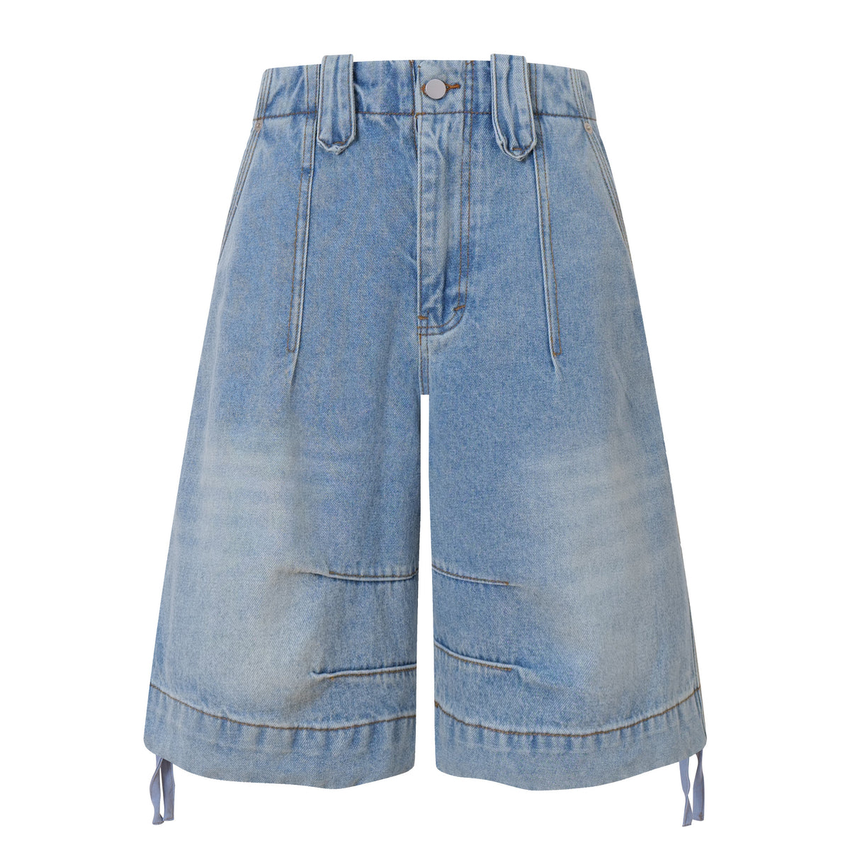 Washed denim capri pants for women, high-waist, mid-length, light blue, wide-leg.