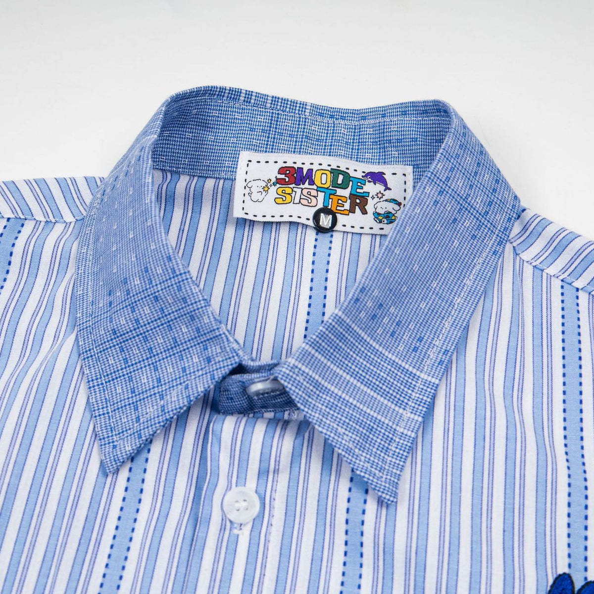 Rabbit Embroidered Short Sleeve Shirt, blue striped cotton with 3MODE SISTER label