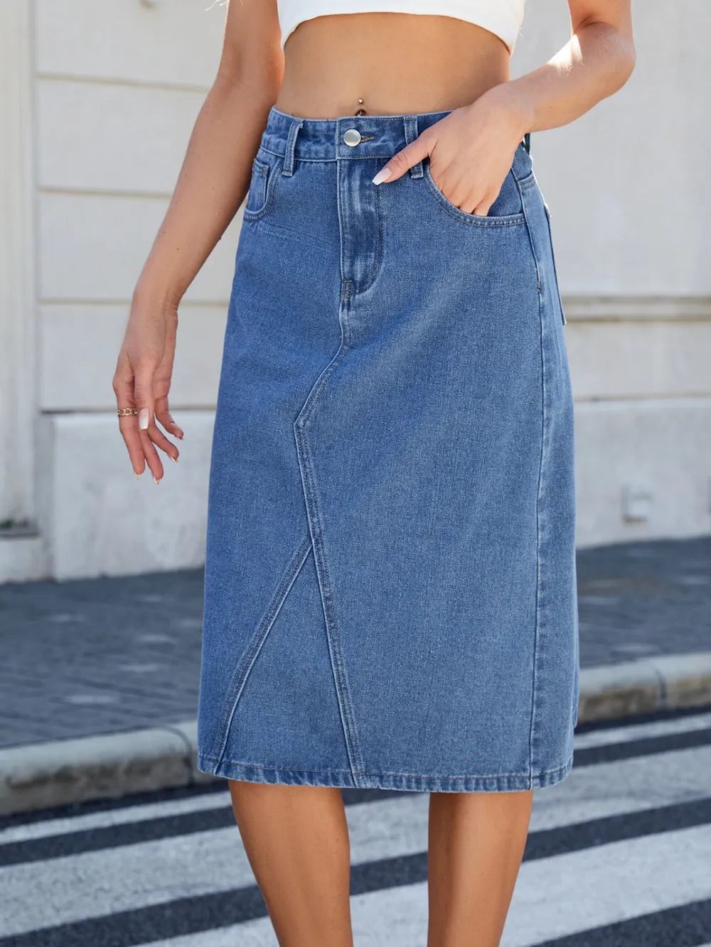 Slit Back Midi Denim Skirt by eprolo, blue denim, midi-length