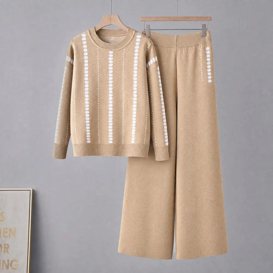 Womens coordinated two-piece beige sweater and wide-leg pants by eprolo, relaxed fit.