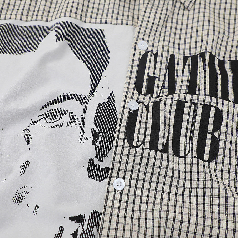 Portrait printed short-sleeve shirt in beige plaid with a white panel showcasing a black portrait graphic