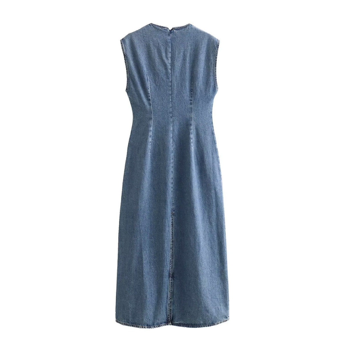 Women's Denim Midi Dress, blue sleeveless with vertical seamed panels