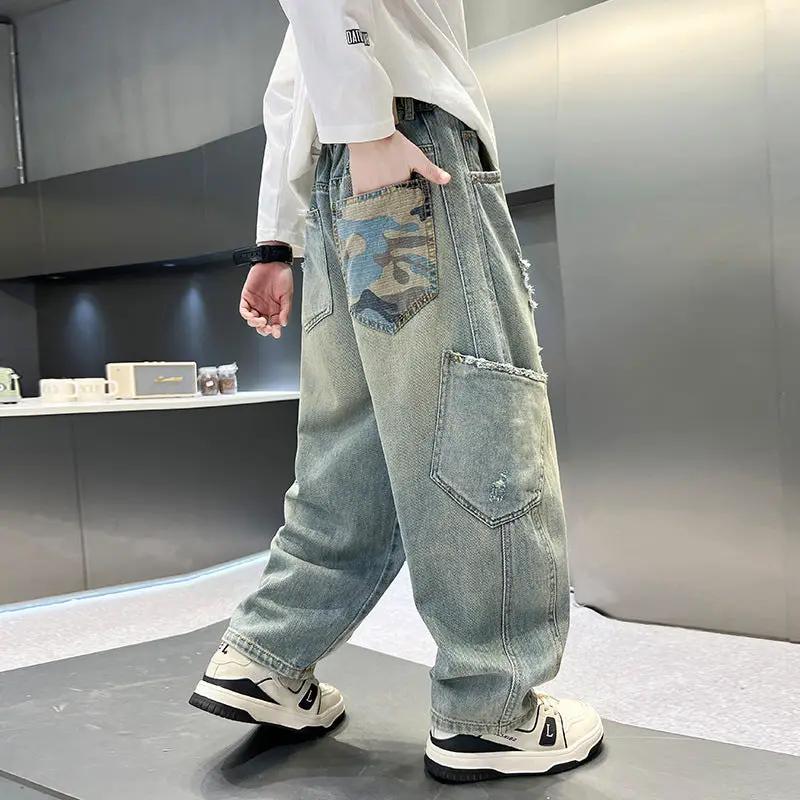Boys casual denim jeans by eprolo, loose straight-leg style with camo patch rear pocket and side cargo pocket
