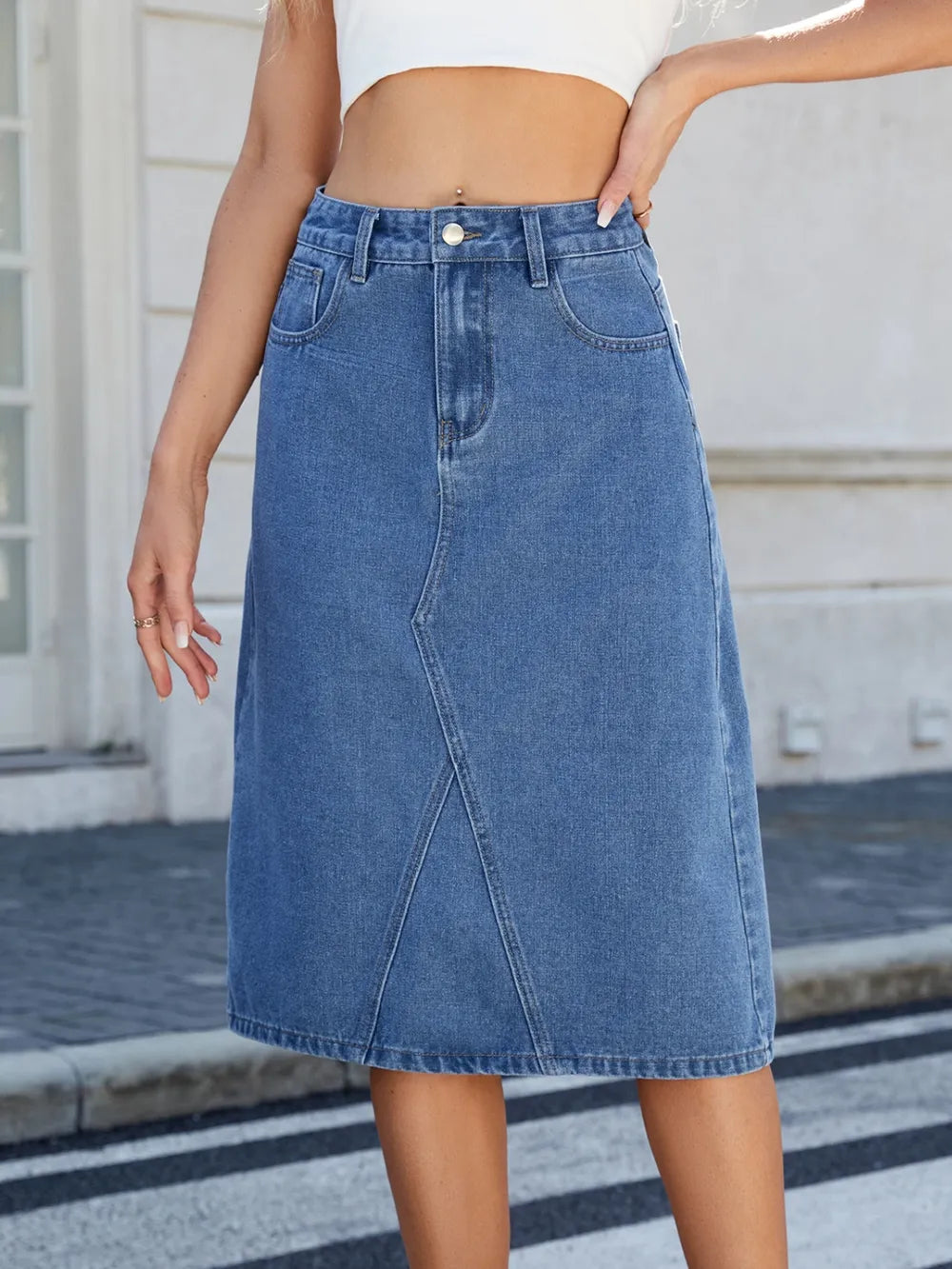 Slit Back Midi Denim Skirt, blue denim fabric, mid-length skirt.