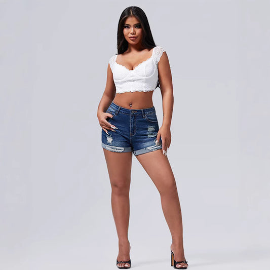 Shorts femme taille haute à ourlet roulé et trou élastique Streetwear Spicy Girl en jean
