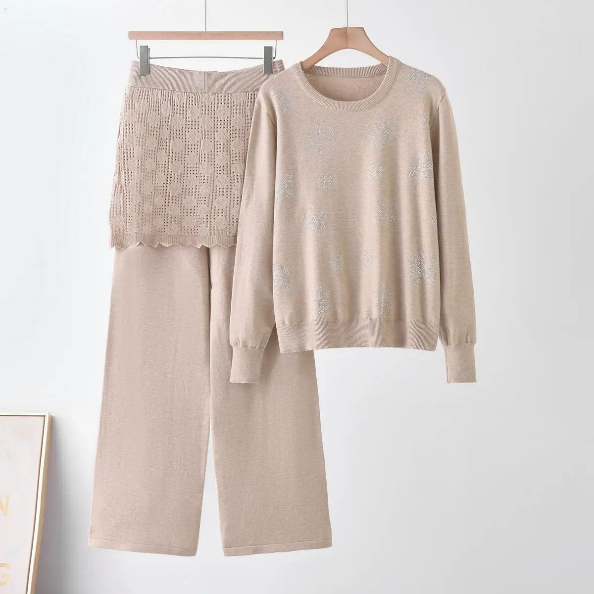 eprolo women's rhinestone knit two-piece set: beige round-neck sweater with subtle sparkles and wide-leg knit pants