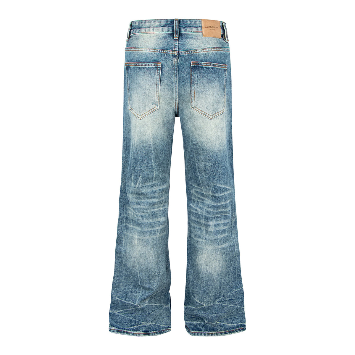 Retro Distressed Cat-Whisker Bamboo Stripe Flared Jeans by eprolo; blue denim with fading and back pockets