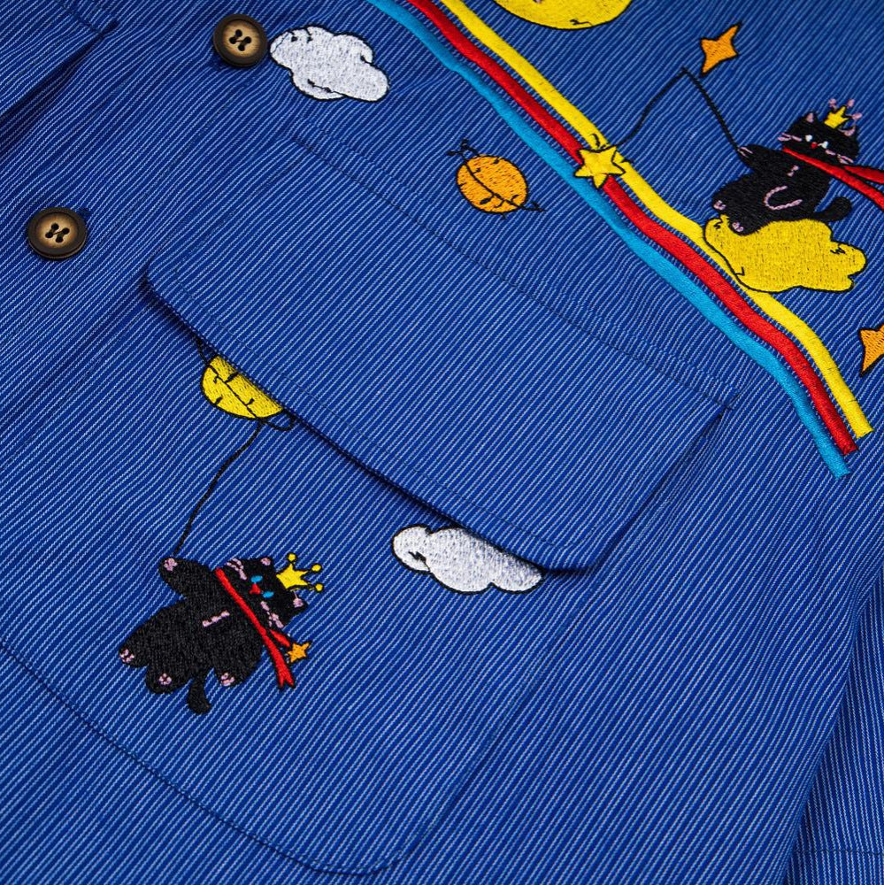 Rainbow cat embroidered short-sleeve shirt by eprolo, blue denim-like fabric with rainbow stripe.