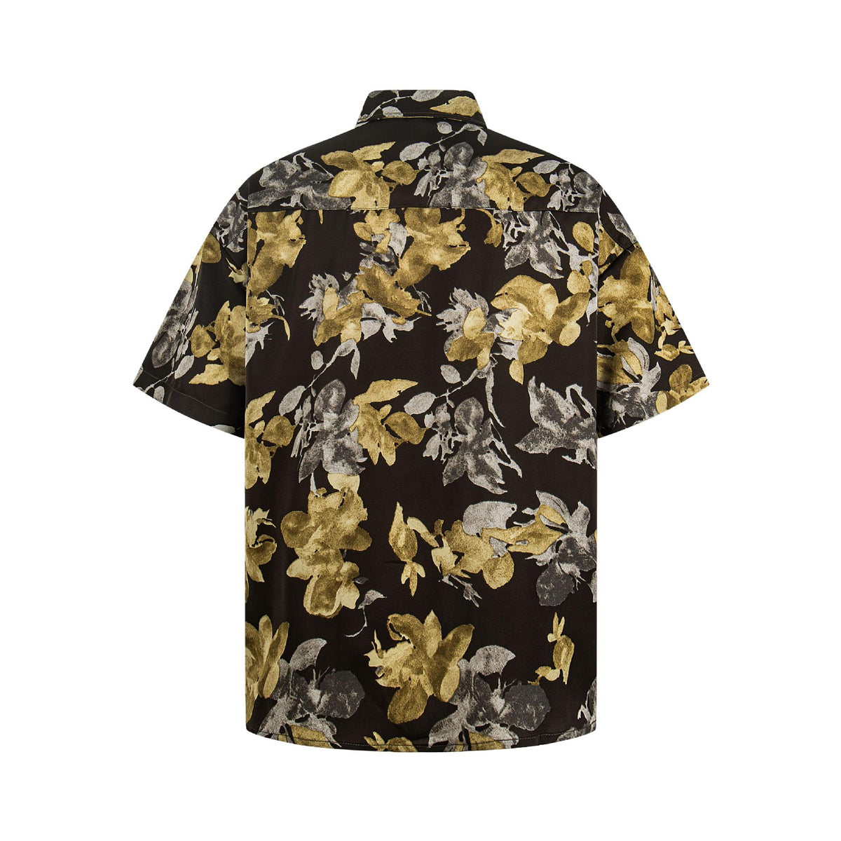 Floral printed short-sleeve shirt by eprolo, black with gold and gray flowers, back view