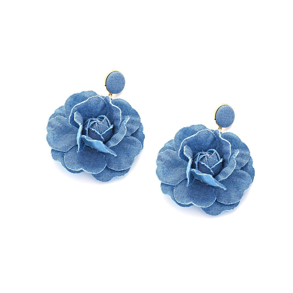 Personalized handmade denim flower earrings; blue denim petals on gold studs by eprolo, 2 pieces