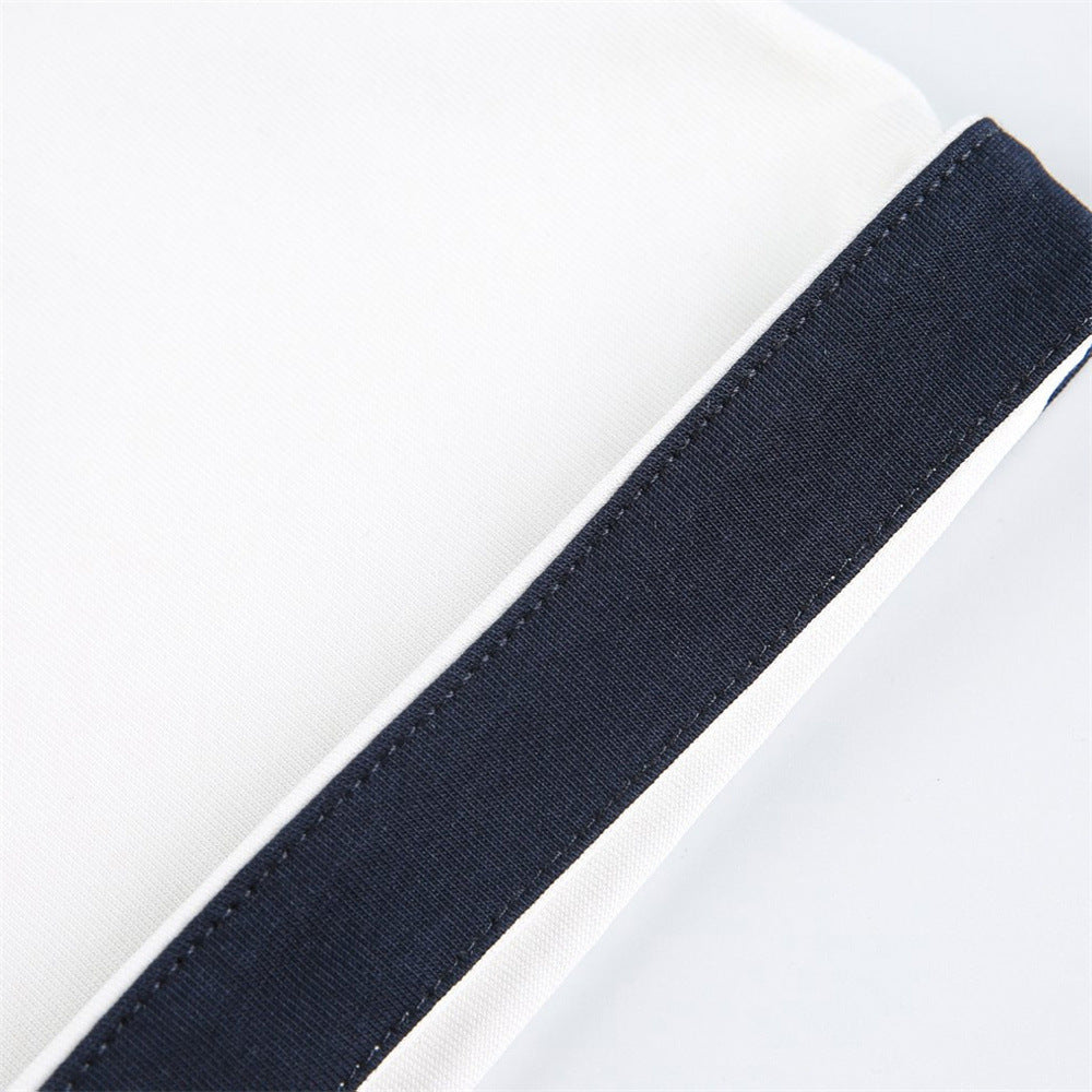 eprolo loose half-sleeve polo shirt; white fabric with navy blue edge trim