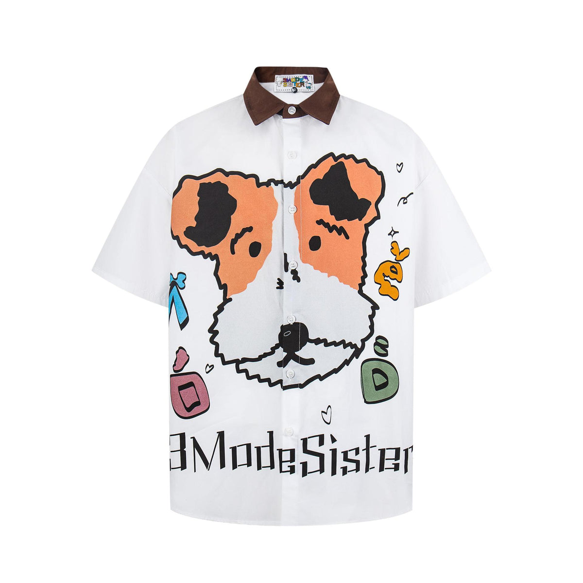 Cartoon puppy printed short-sleeve shirt, white with brown collar, by eprolo.