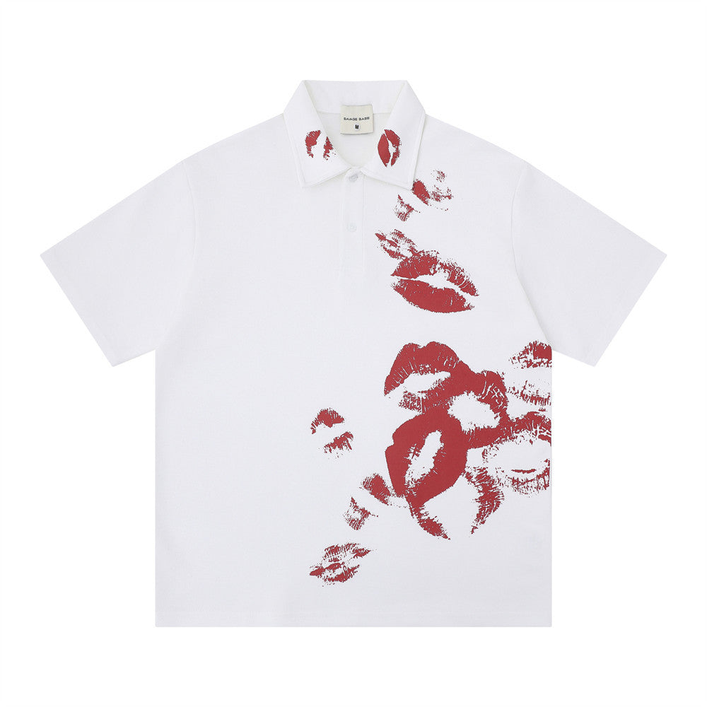 Lip print polo shirt, white with red lipstick kiss prints on front