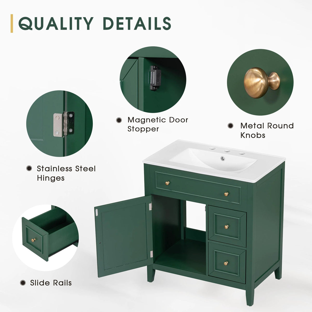 30" Bathroom Vanity with Sink Top, Bathroom Vanity Cabinet with Door and Two Drawers, Solid Wood Frame, One Package, Green by eprolo