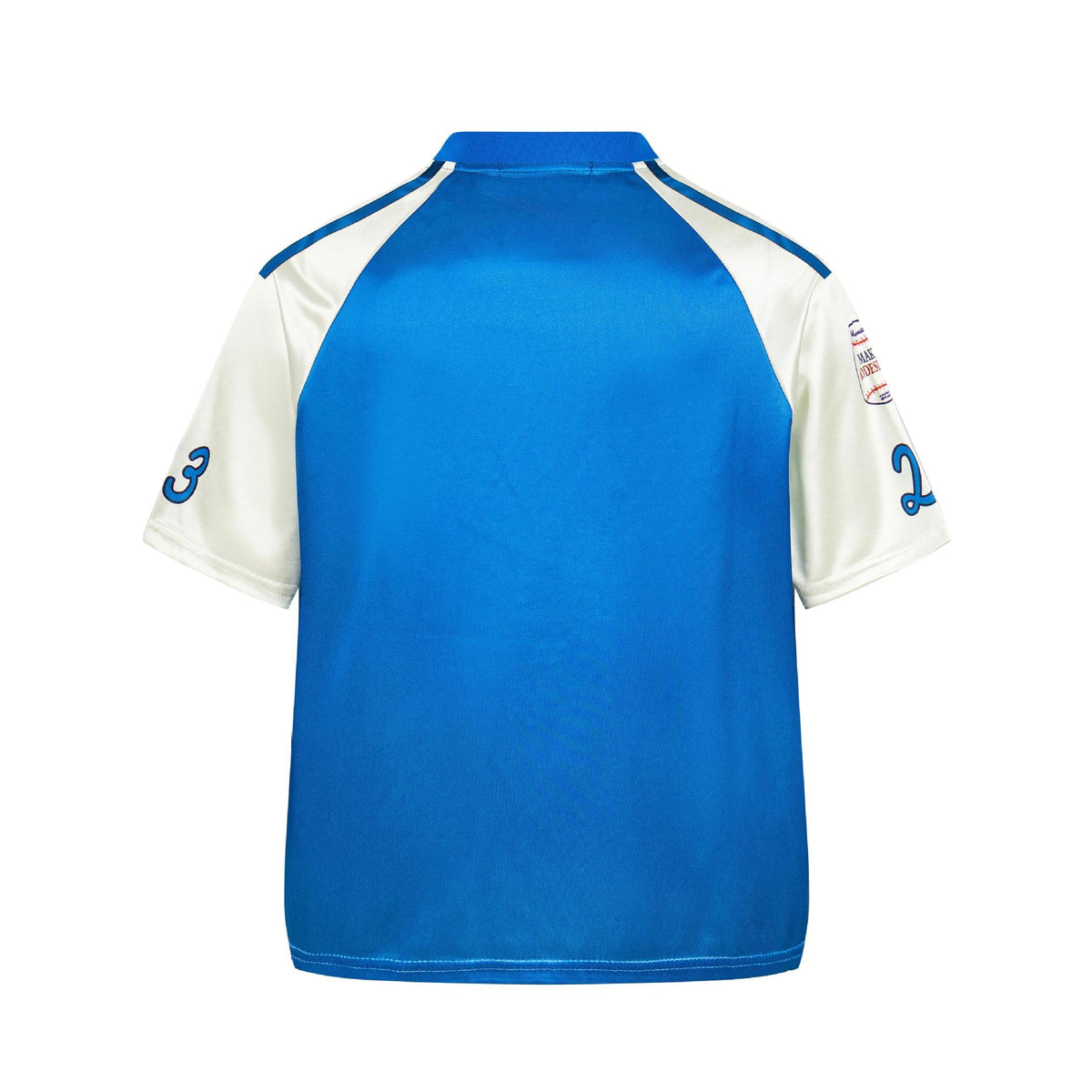 Cartoon character printed short-sleeve T-shirt with blue body and white sleeves, street fashion style.
