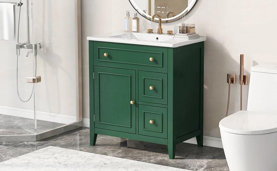 30" Bathroom Vanity with Sink Top, Bathroom Vanity Cabinet with Door and Two Drawers, Solid Wood Frame, One Package, Green by eprolo