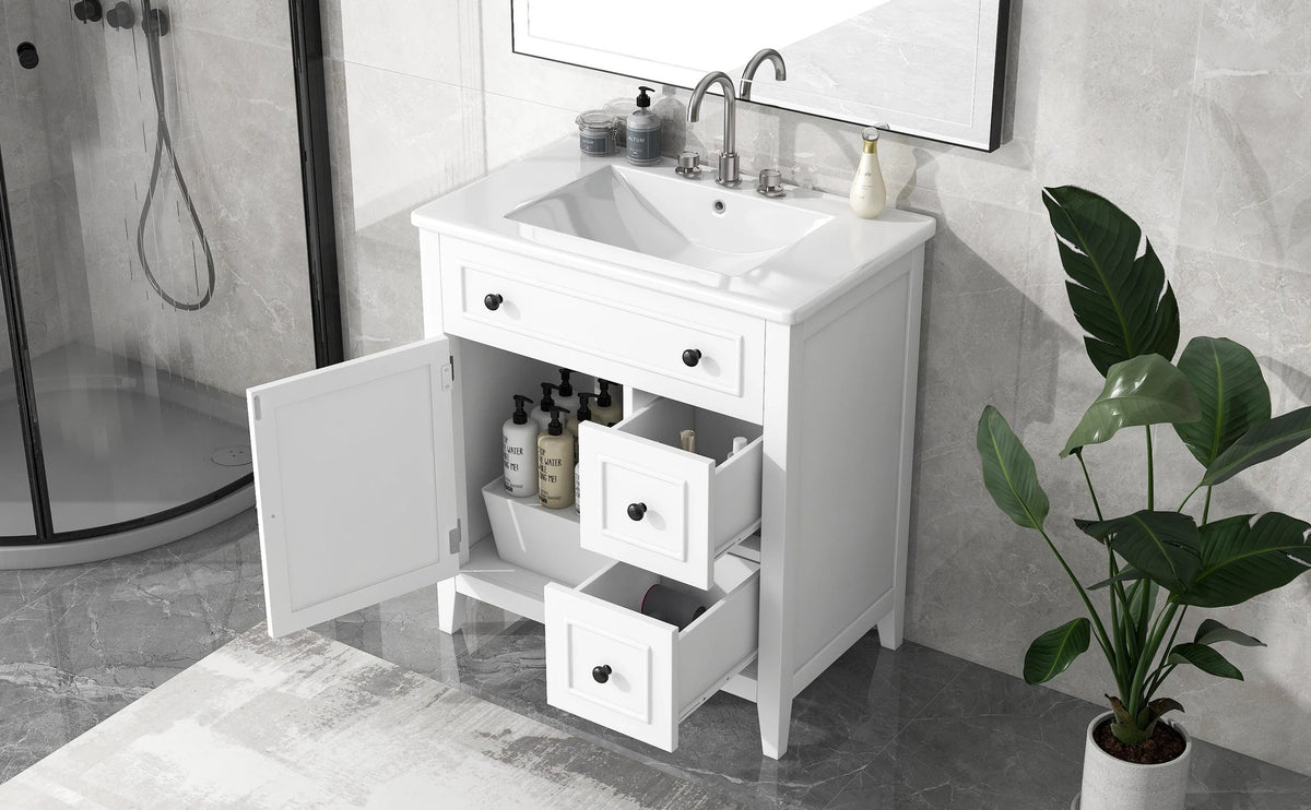 30" Bathroom Vanity with Sink Top, Bathroom Vanity Cabinet with Door and Two Drawers, Solid Wood Frame, One Package, White by eprolo